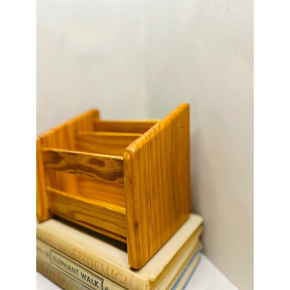 Vintage Handmade Wooden Letter Rack Desk Organizer 2 Slot Mail Sorter Honey Pine - Picture 2 of 7